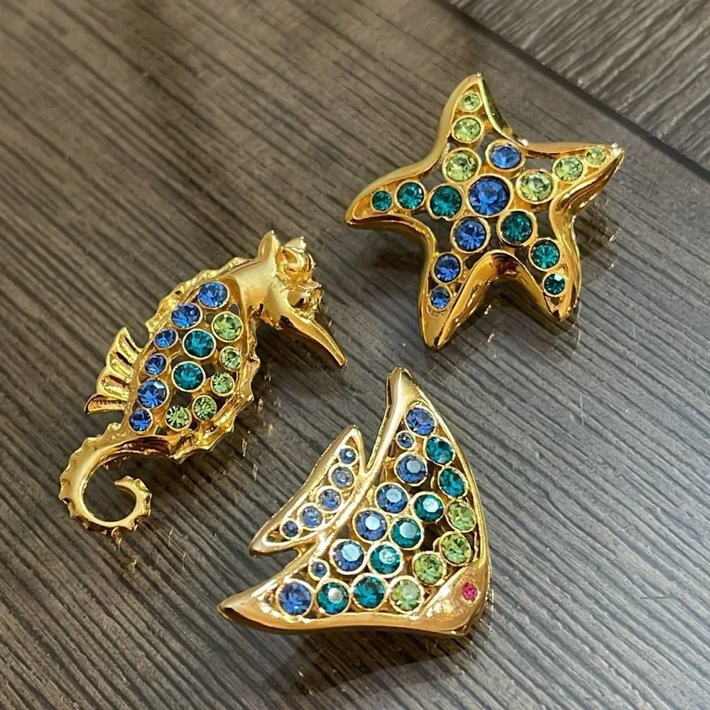 LIA Lianna Stamped 3 Ocean/Sea Themed Gold-tone Brooches w/ Rhinestone Accents